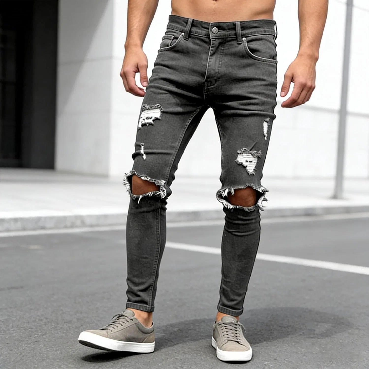 Джинсы Slim Fit рваные, серый — фото 4