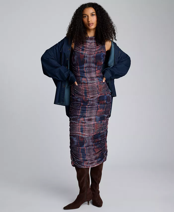 

Женское платье миди с принтом и сборками Kenneth Cole, синий