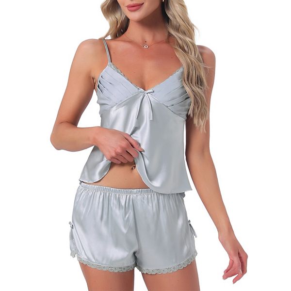 

Женский комплект пижамы из атласа с кружевом и шелковым бантом, топ на бретелях с V-образным вырезом и шорты с разрезом Inspire Chic, Grey