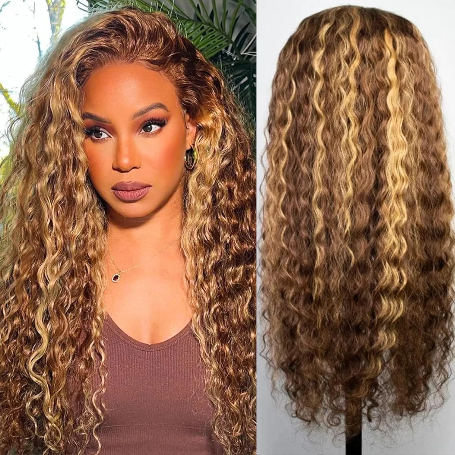 Женский кудрявый парик «Deep Wave Lace Front Wig» из натуральных волос Rebasar Rebasar, 4/27 Blonde Highlight Ombre