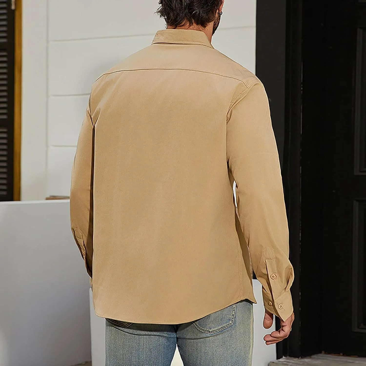 Мужская рубашка на пуговицах Casual Vintage с длинным рукавом, лацканом и двумя накладными карманами Generic, хаки — фото 3