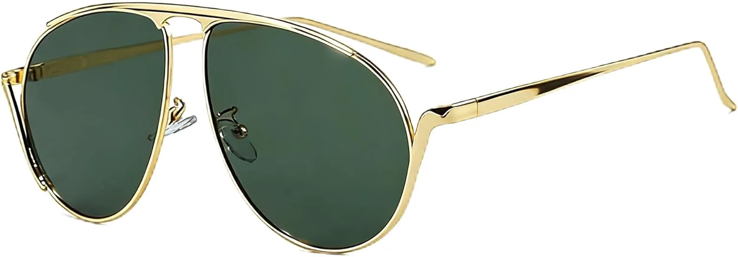

bullabulling Модные солнцезащитные очки-пилот в стиле 70-х для женщин и мужчин, с металлической оправой, золотистыми линзами цвета шампанского, Gold Green