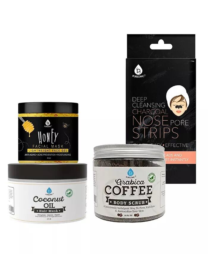 

Подарочный набор Pamper & Glow (6 упаковок глубоко очищающего угольного полоска для носа, скраб для тела из 100% натурального кофе арабика 14 унций, маска для волос из 100% натурального кокосового масла 10 унций и медовая маска для лица 8 унций)...