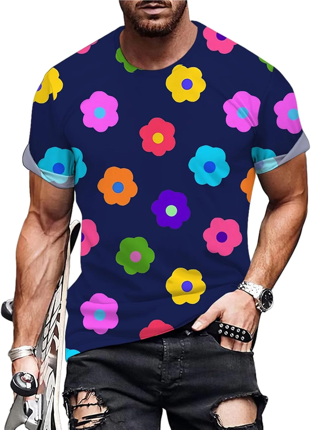 Printed T Shirts for Men | Floral Printed Crewneck Basic T Shirt,Loose Fit Casual Trendy Tee Top Clothes for Work School — фото 4