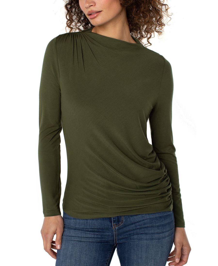 

Женская трикотажная блузка с высоким воротником и длинными рукавами, присборенной талией Liverpool Los Angeles, Forest Shade