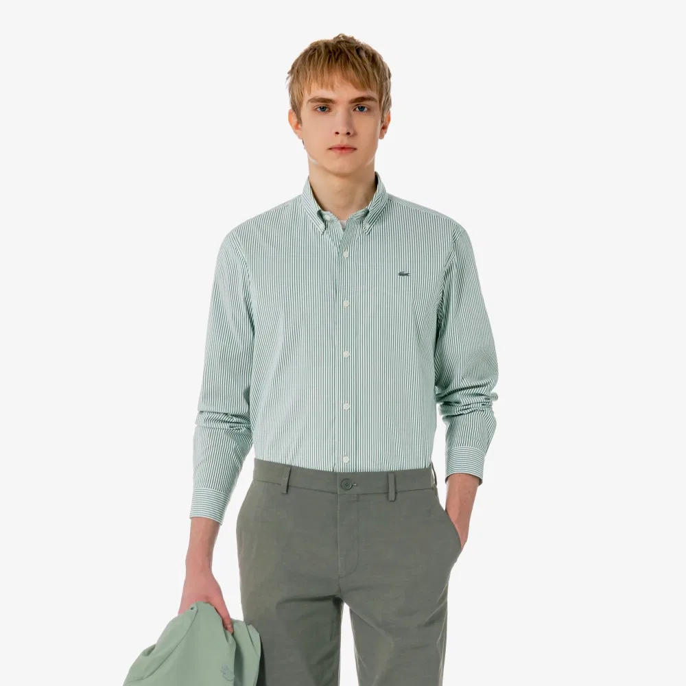 Мужская рубашка в полоску из поплина и джерси тёмно-зелёная от Lacoste