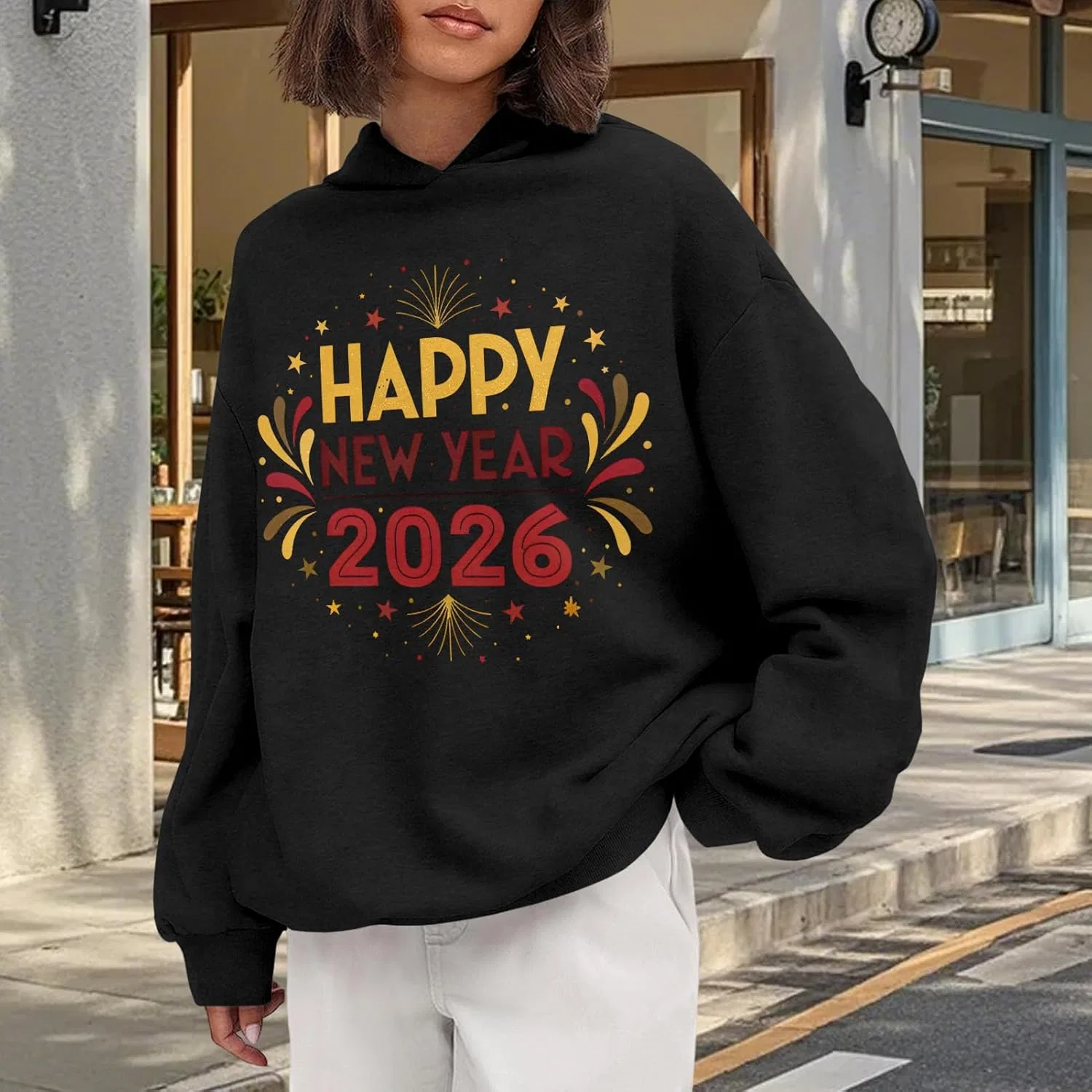 Худи женское с принтом Happy New Year 2026, оверсайз, черное — фото 3