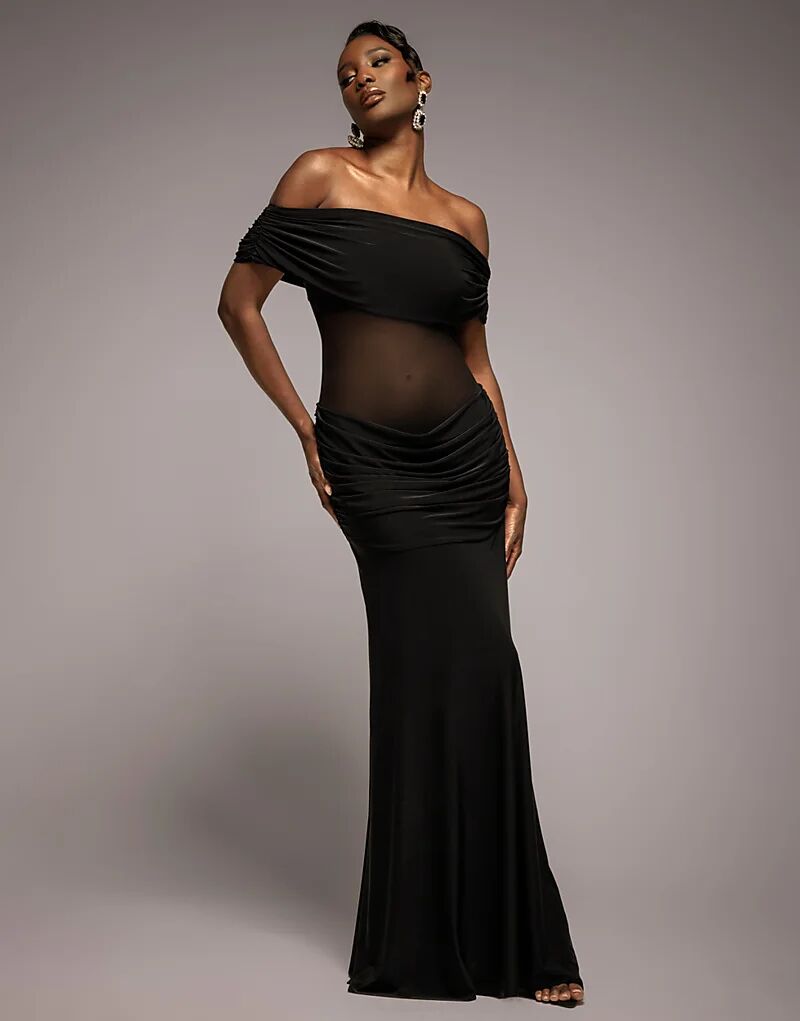 

Платье макси Goddiva со сборками на плечах и сетчатой ​​вставкой на талии, черное