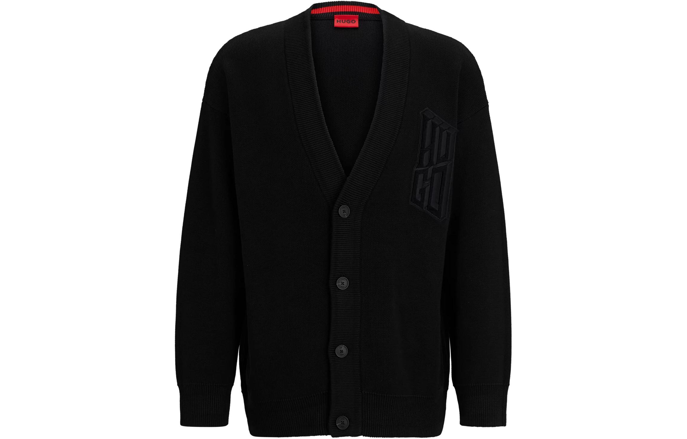 

HUGO BOSS Кардиган свободного кроя из хлопковой смеси с многослойным логотипом, мужской, черный