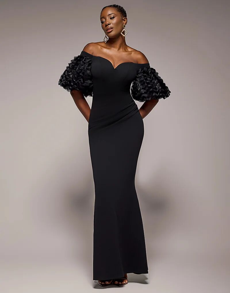 

Платье макси Goddiva с открытыми плечами, объемными рукавами-буфами и вырезом сердечком, черное