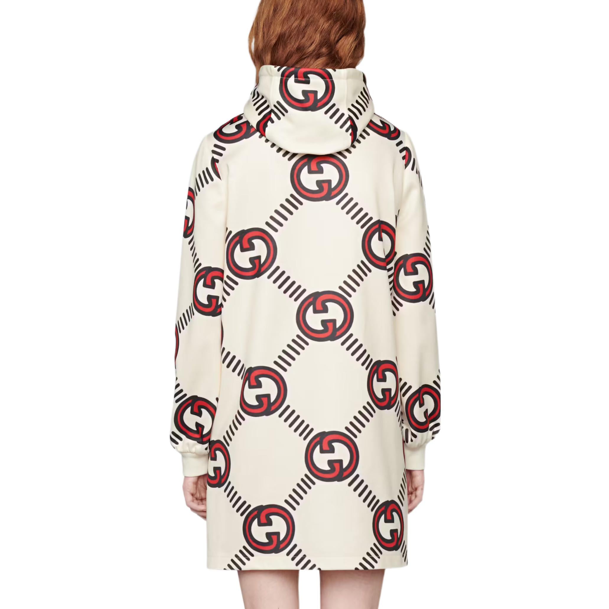Платье Gucci Техническое трикотажное с переплетенными буквами G, женское, белый с красными и черными элементами — фото 4