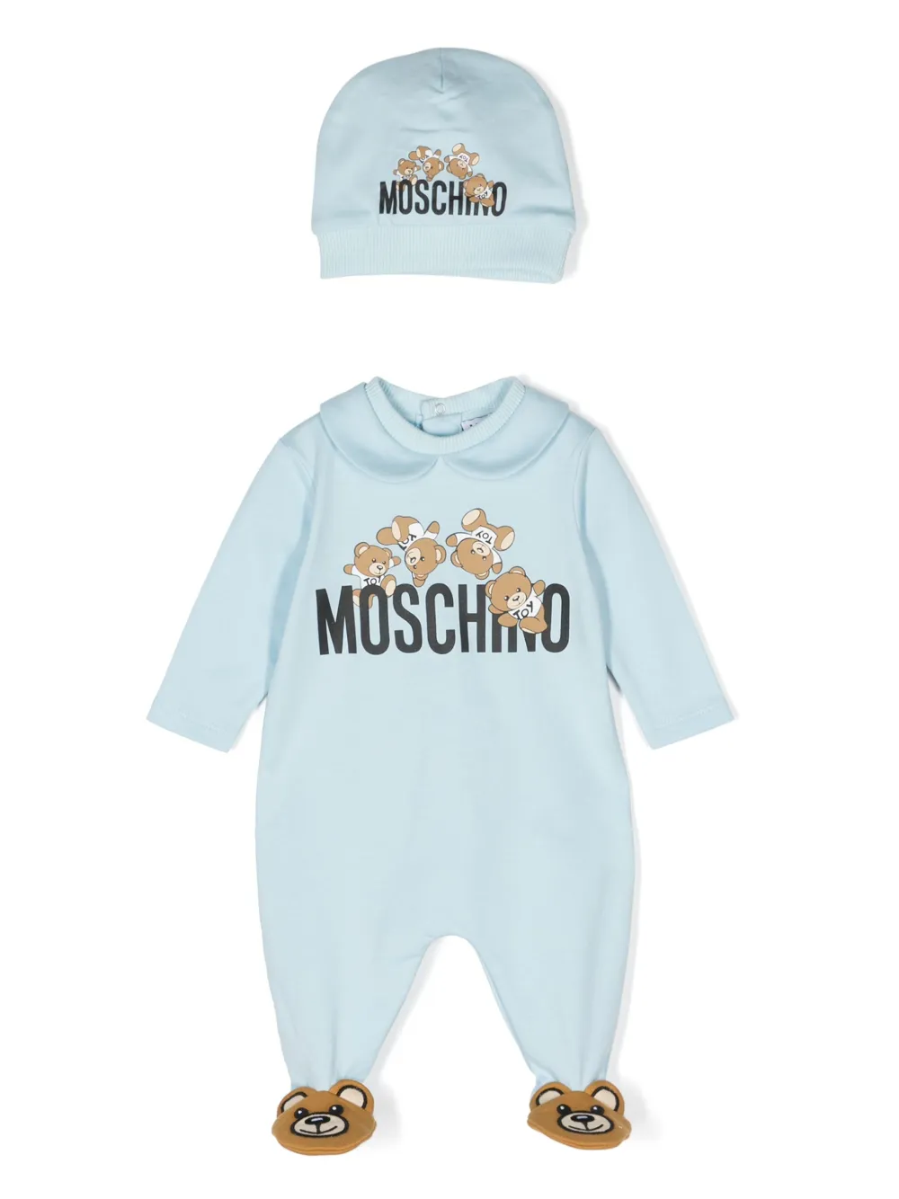

Комплект из комбинезона, шапки и нагрудника с принтом Moschino Kids, синий