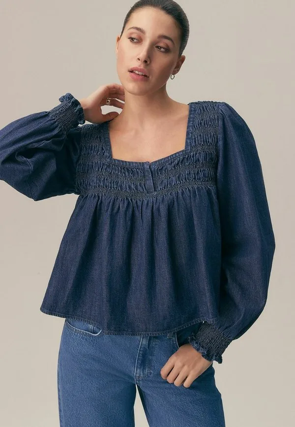 Блузка приталенного кроя с длинными рукавами и сборками Next, Mid Blue Denim