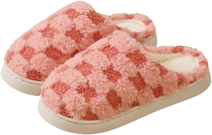 

Домашние тапочки CWODOR в клетку для женщин и мужчин, плюшевый флис внутри, теплые домашние тапочки на скользящей подошве, красный