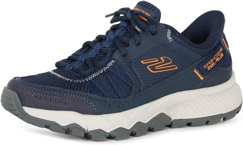 Мужские кроссовки Skechers Dynamite в магазине Escapar Hands Free Slip-in Trainers, Navy Leather Textile Orange Trim