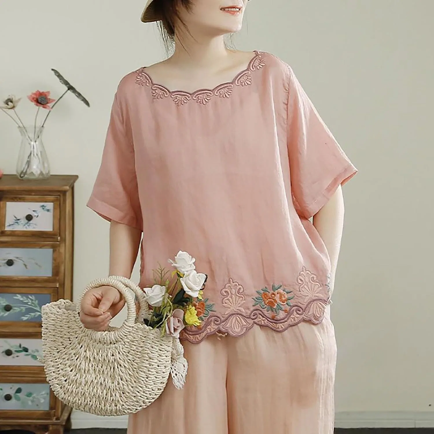 Футболка из хлопка и льна, оверсайз, Relaxed Fit, розовая — фото 2