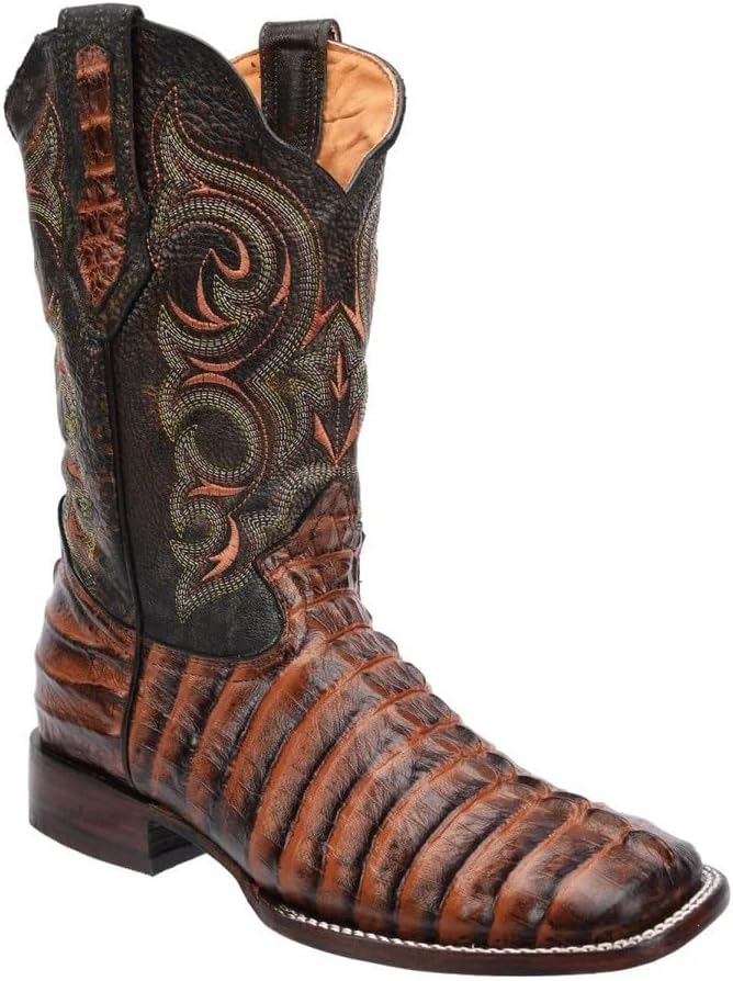 

Мужские ковбойские ботинки из натуральной кожи с экзотическим принтом крокодила каймана, квадратный носок - коньяк Generic