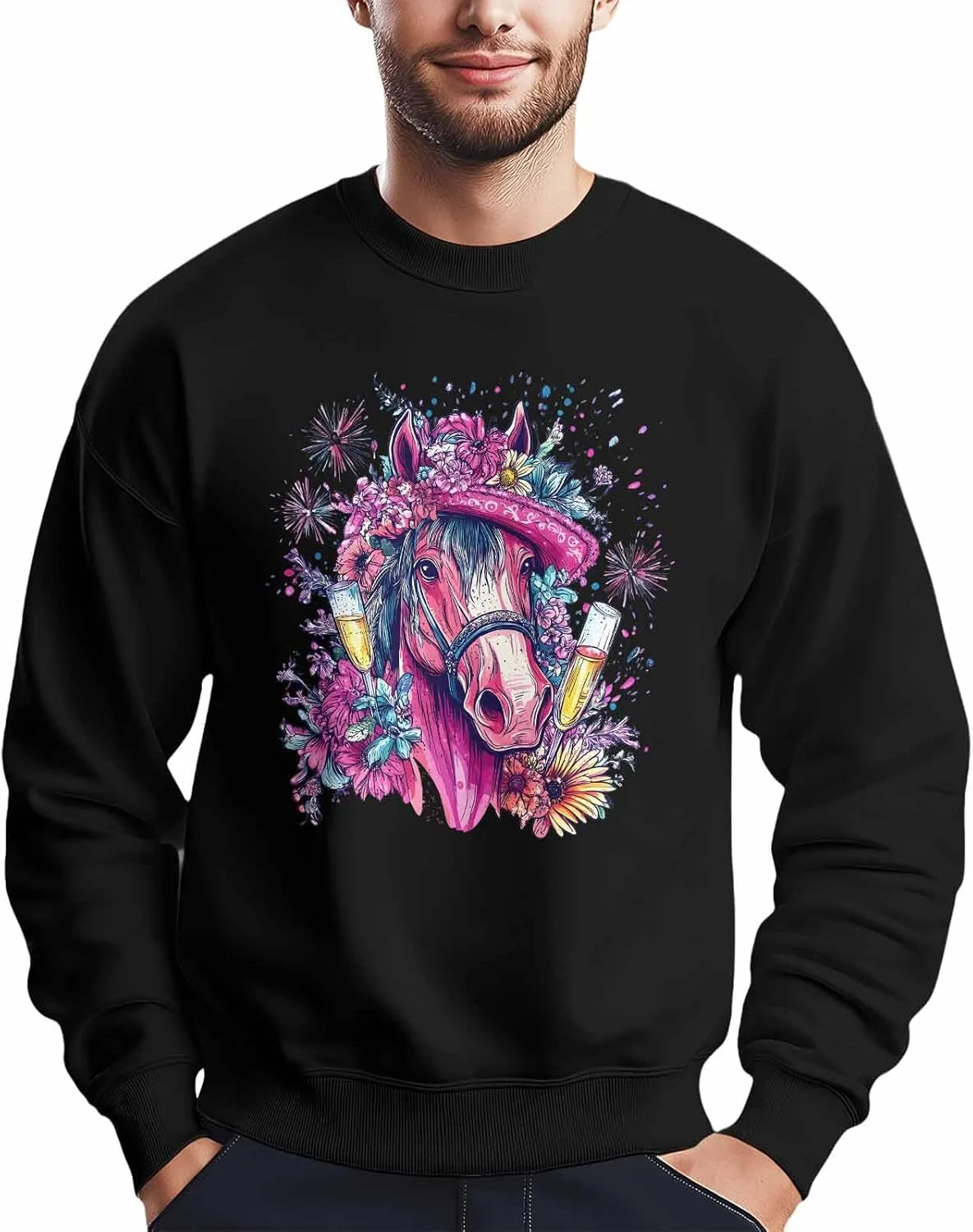 

Мужской свитшот с принтом лошади в шляпе и розовыми цветами, Crewneck, Long Sleeve Winvebermior