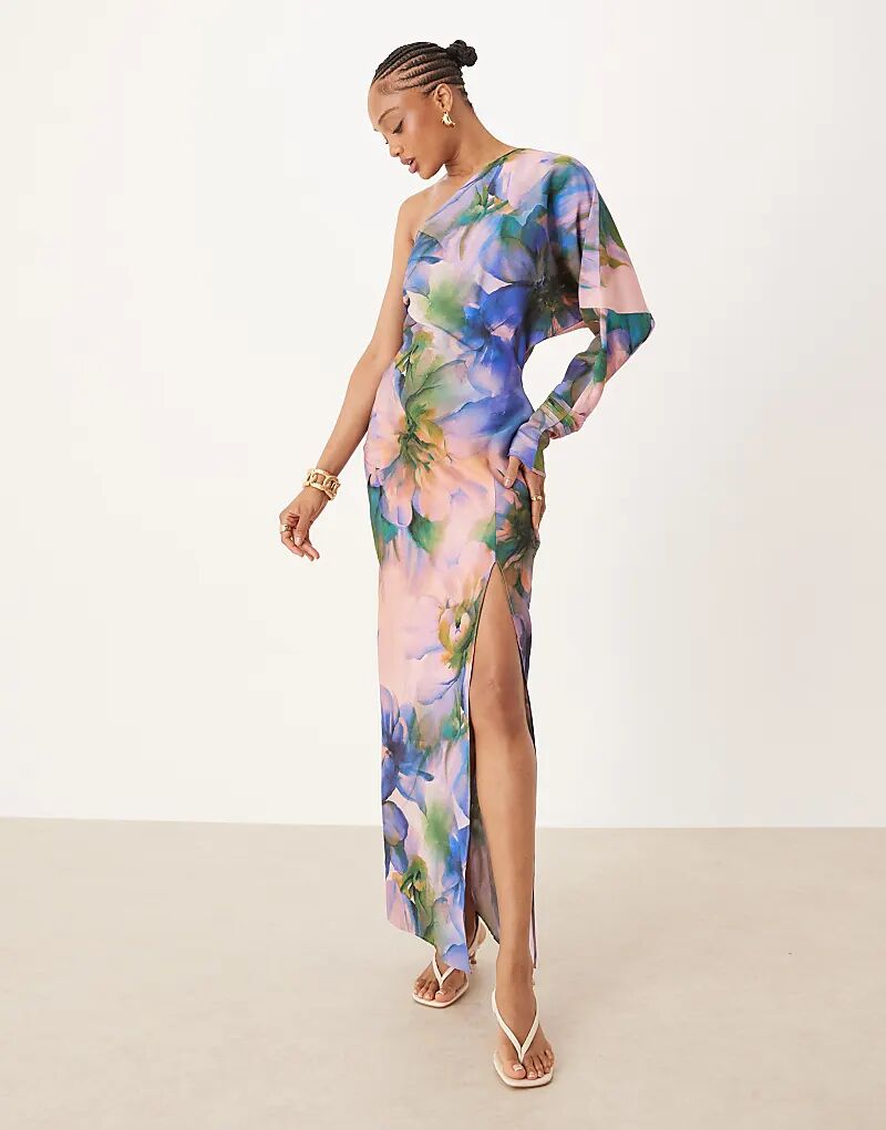 

Платье мидакси ASOS DESIGN Tall на одно плечо с драпировкой и темно-зеленым цветочным принтом