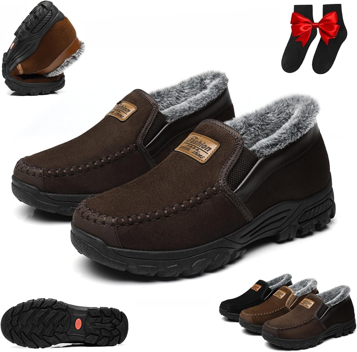 

Мужские ортопедические теплые зимние ботинки на снегу, повседневные зимние лоферы на каждый день с меховой подкладкой, высокие до щиколотки, легкие, нескользящие, для пожилых людей Ghtrhsb, темно-коричневый