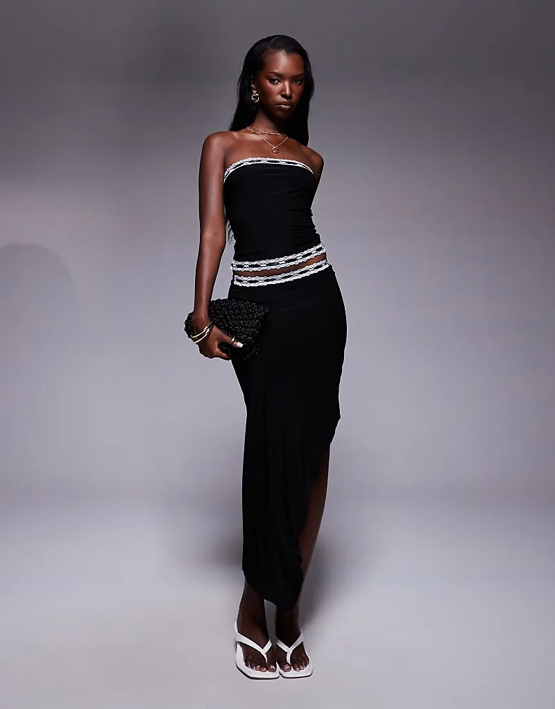 

Юбка миди Public Desire с кружевной отделкой, черная, в черном цвете