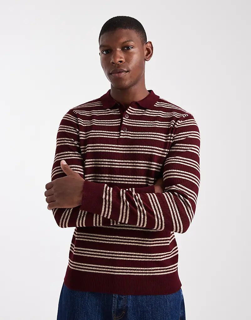

Трикотажное поло в полоску с длинными рукавами ASOS DESIGN бордового цвета