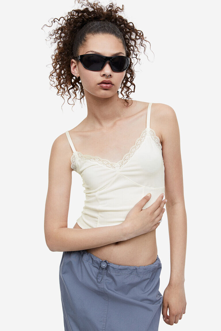 

Топ с бретелями и кружевной отделкой H&M, бежевый