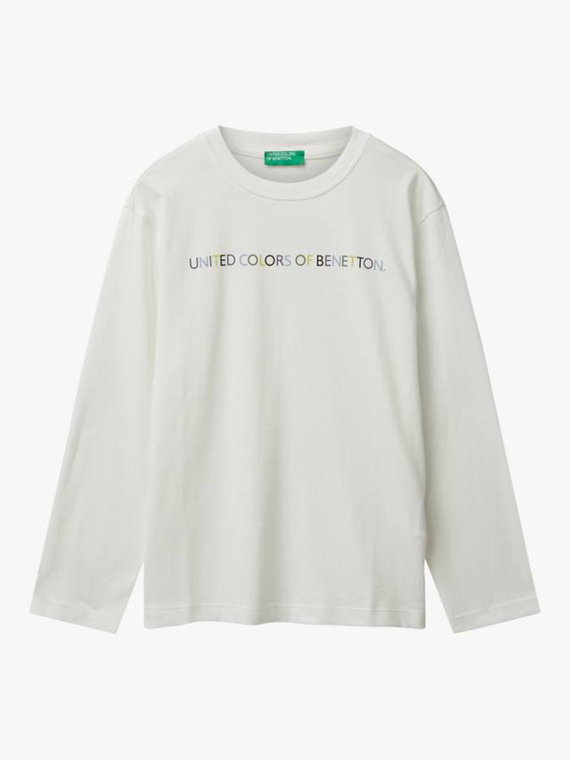 

Детская хлопковая футболка с длинным рукавом и принтом логотипа Benetton, White