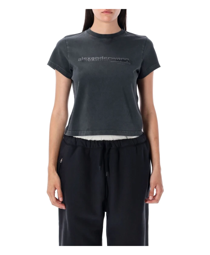 

Черная футболка с логотипом, ребристый круглый вырез. Alexander Wang, черный