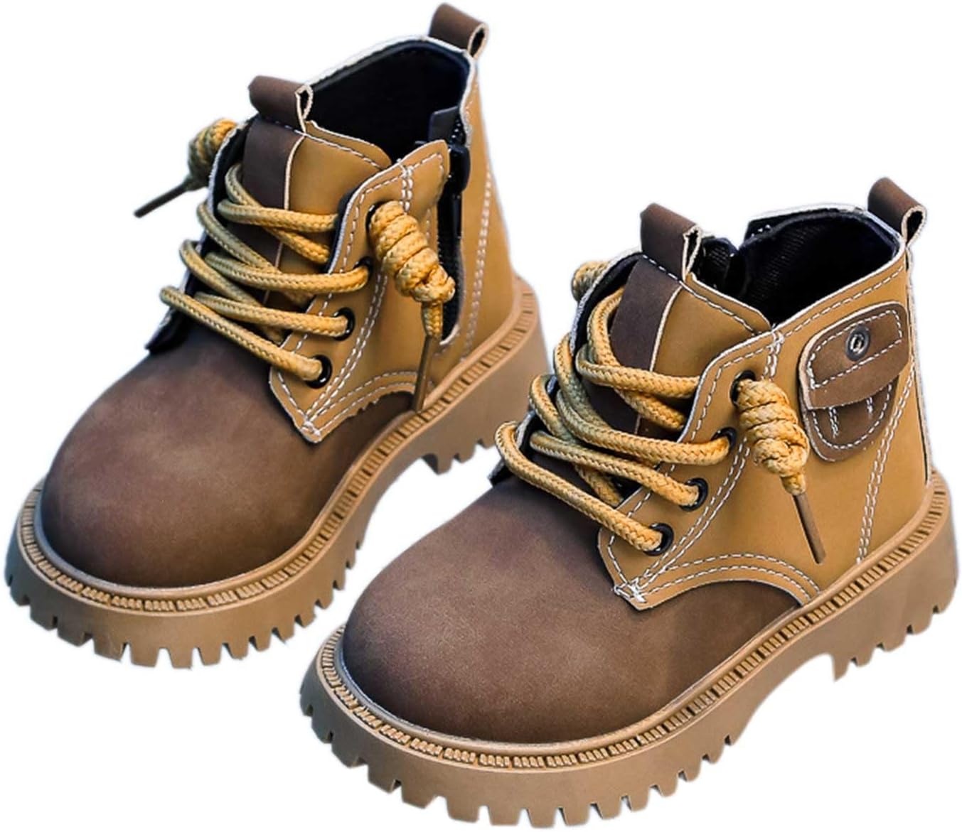 

Ботинки на шнуровке с боковой молнией, армейские ботинки из искусственной кожи, короткие, с ребристой подошвой (для малышей/старших детей) JEUROT, Brown