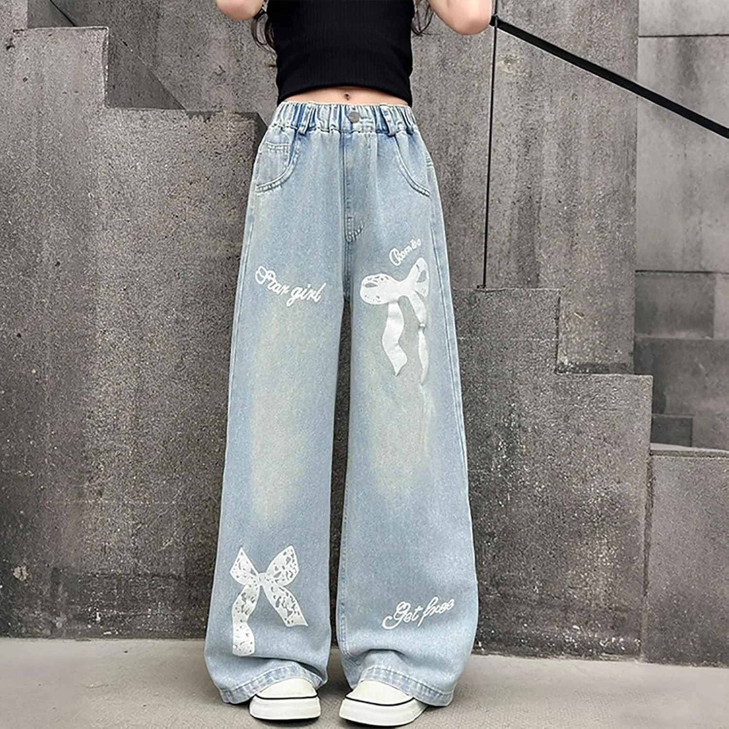 Джинсы для девочки Cute Preppy Y2k, широкие, с высокой эластичной талией — фото 3