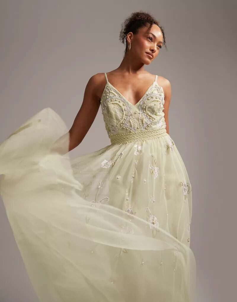

Платье макси на бретельках с цветочной вышивкой ASOS Bridesmaid цвета шалфея, украшенное жемчугом, Серый, Платье макси на бретельках с цветочной вышивкой ASOS Bridesmaid цвета шалфея, украшенное жемчугом