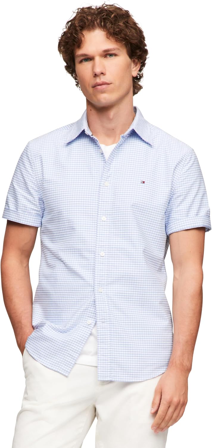 

Рубашки оксфорды Tommy Hilfiger Men's с коротким рукавом, классический крой, мужские рубашки на пуговицах, Cloudy Blue / Check