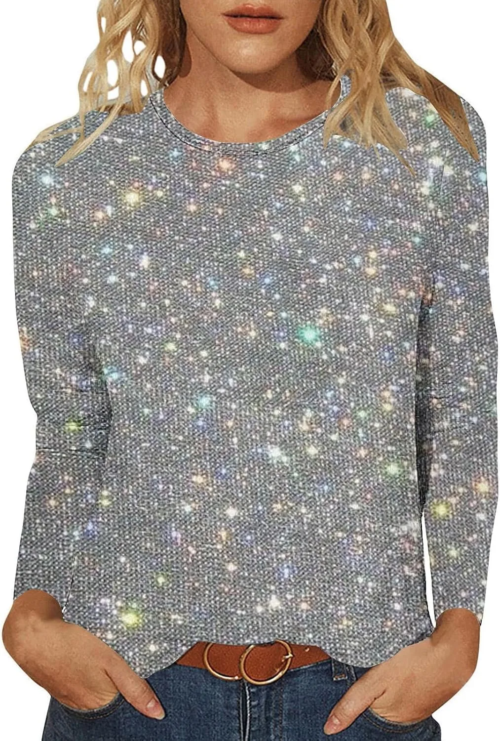 

Женский топ с пайетками, длинный рукав, 3D принт XUNRYAN