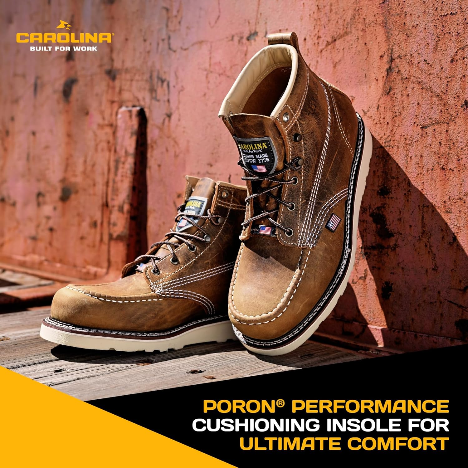 Мужские ботинки Carolina AMP USA 6 Soft Moc Toe - Сделано в США, верх из кожи Old Town Folklore, маслоустойчивая и противоскользящая подошва, стелька из порона, коричневый — фото 4