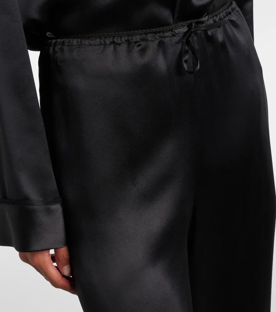 Широкие брюки из шелкового атласа с кружевной отделкой Saint Laurent, черный — фото 4