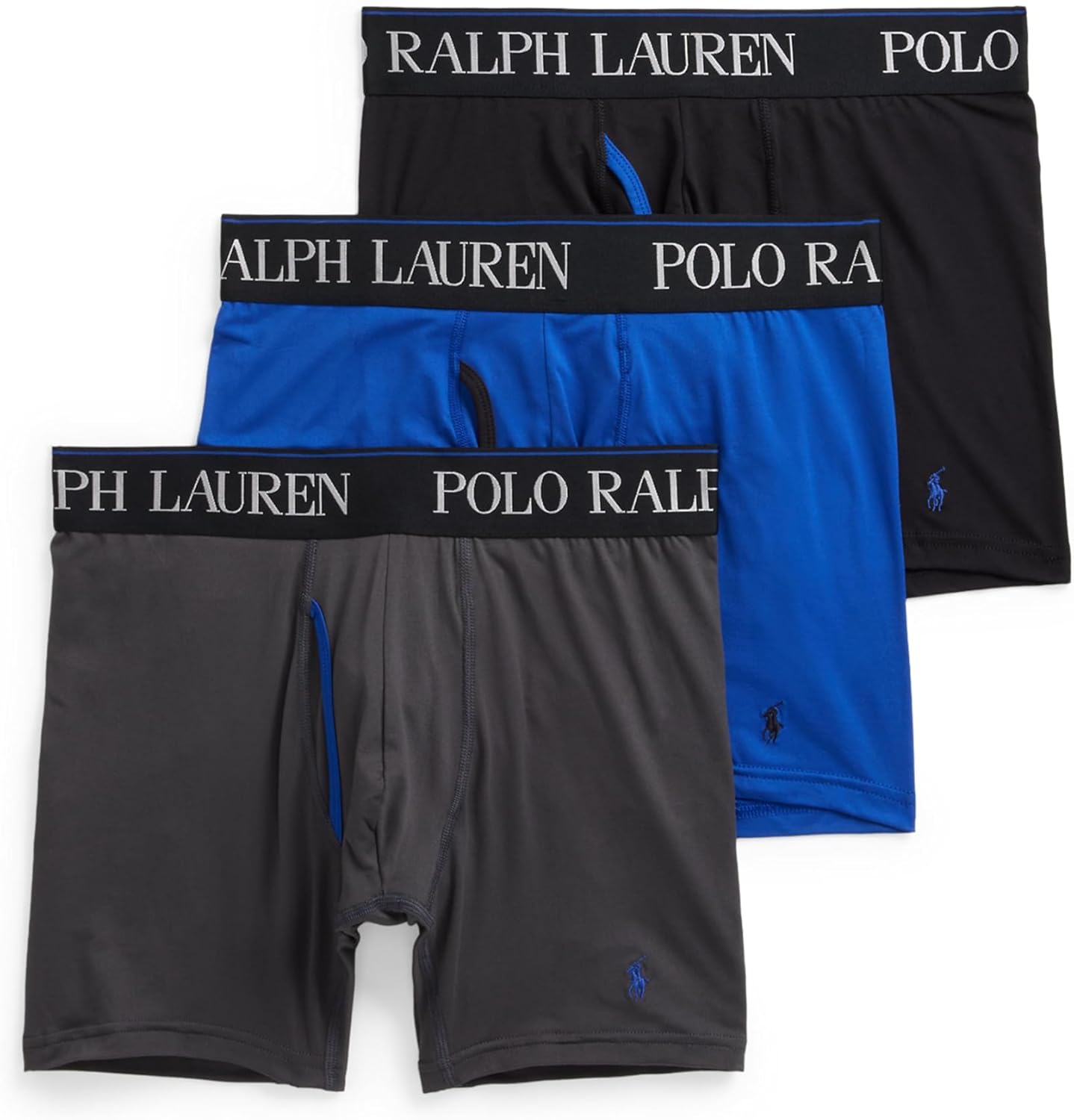 

Мужские боксеры-трусы POLO RALPH LAUREN 4D Flex Cooling из микрофибры, длинные и плавки, 3 пары, Charcoal/Rugbyroyal/Polo Black