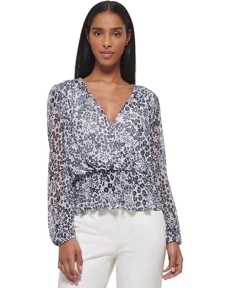 

Блуза Tommy Hilfiger Long Sleeve Mesh Floral V-Neck, цвет Ivory/Midnight