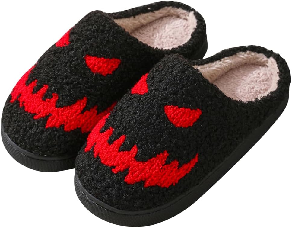 

Тапочки BEHEGTYE на Хэллоуин для женщин и мужчин, пушистые теплые осенне-зимние милые тапочки с тыквой, черепом и привидением, удобные домашние тапочки-слипы для дома и улицы, черный