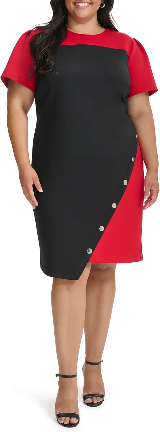 

Женское платье-футляр Tommy Hilfiger с короткими рукавами, заклепками и асимметричным подолом, Black/Scarlet