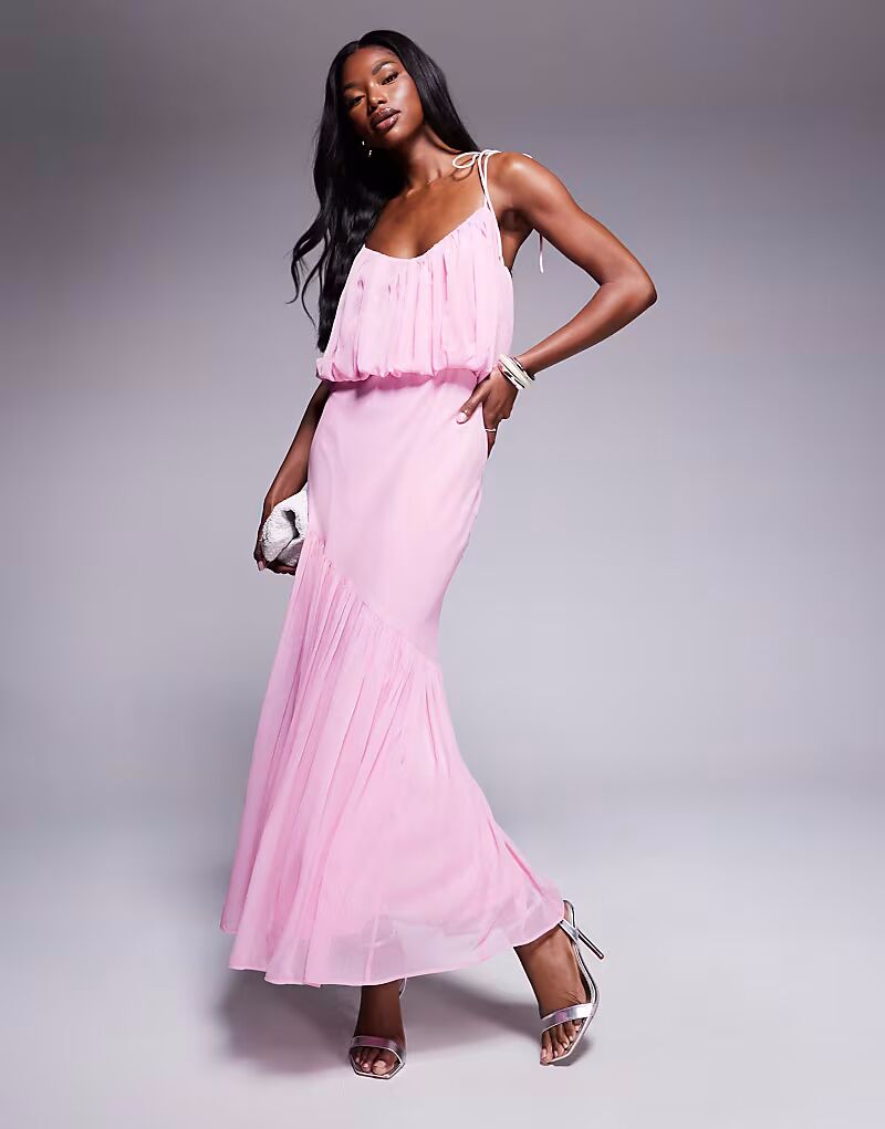 

Платье-блузон макси с лифом и пефемом розового цвета Asos Design