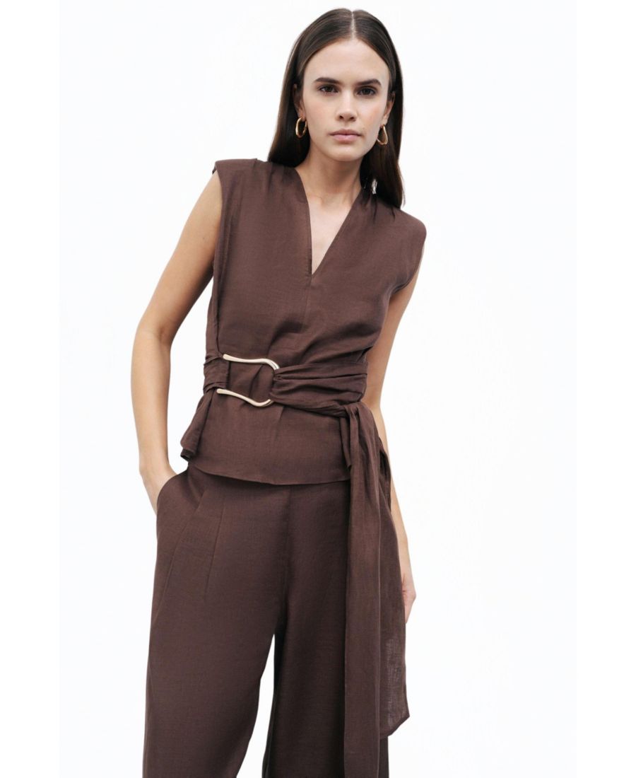 

Женская блузка с декоративным поясом и отделкой NOCTURNE, Dark brown