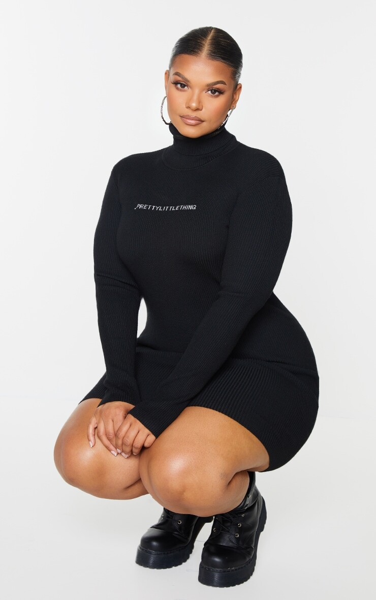 

PrettyLittleThing Plus Черное трикотажное облегающее платье в рубчик, Черный, PrettyLittleThing Plus Черное трикотажное облегающее платье в рубчик