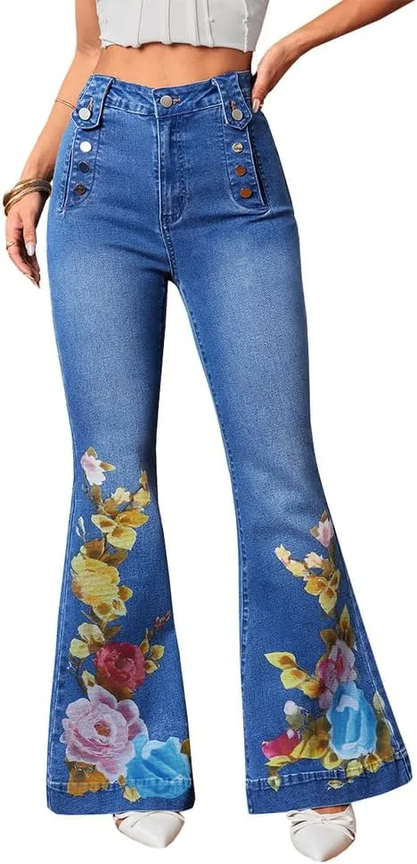 

Женские джинсы с высокой талией и расклешенным низом, винтажный цветочный принт, эластичный деним, пуговицы TACSTRUN