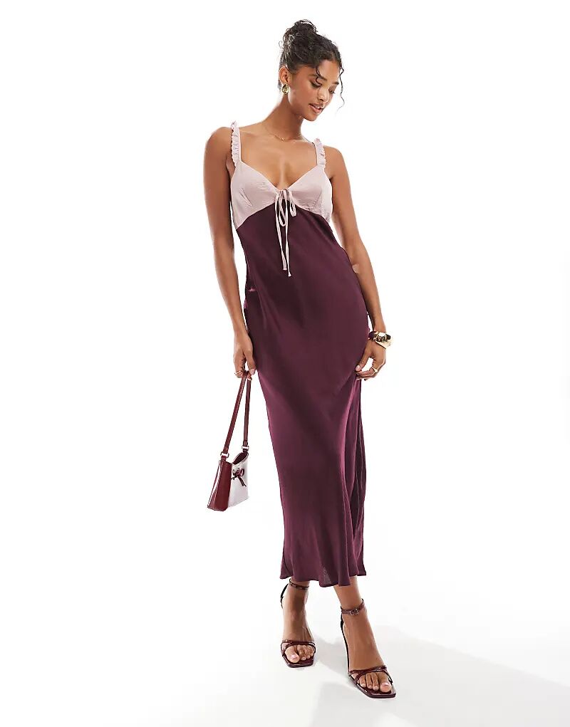 

Платье миди из атласа ASOS DESIGN с контрастными чашечками на груди и оборкой бордового цвета