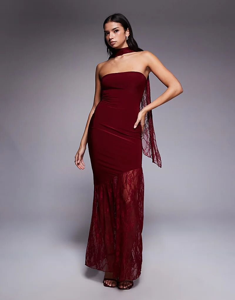 

Платье-бандо Fashionkilla с двойным облегающим лифом, прозрачным кружевным подолом и шарфом, бордового цвета