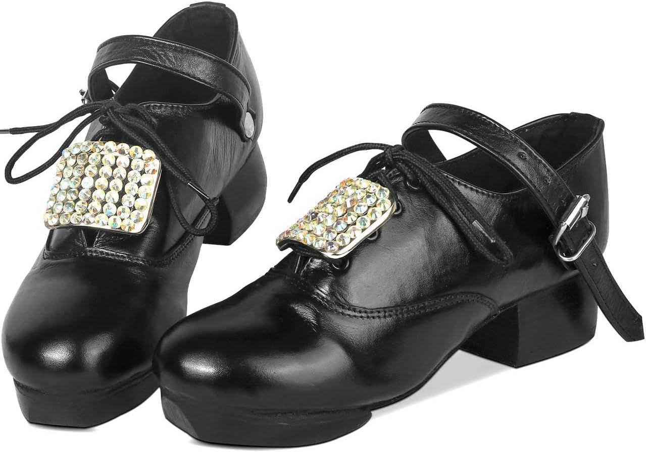 

Изготовленные вручную ирландские танцевальные туфли с хрустальными пряжками - легкие туфли для степ-танцев, из натуральной коровьей кожи Eease, черный