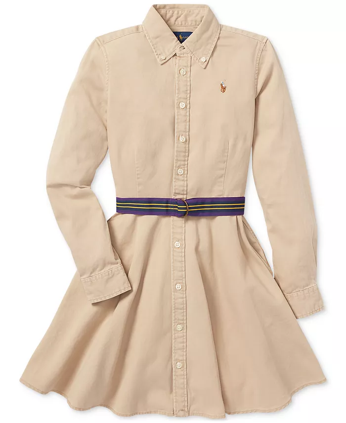 Хлопковое платье-рубашка с поясом Big Girls Chino Polo Ralph Lauren, коричневый/бежевый — фото 3
