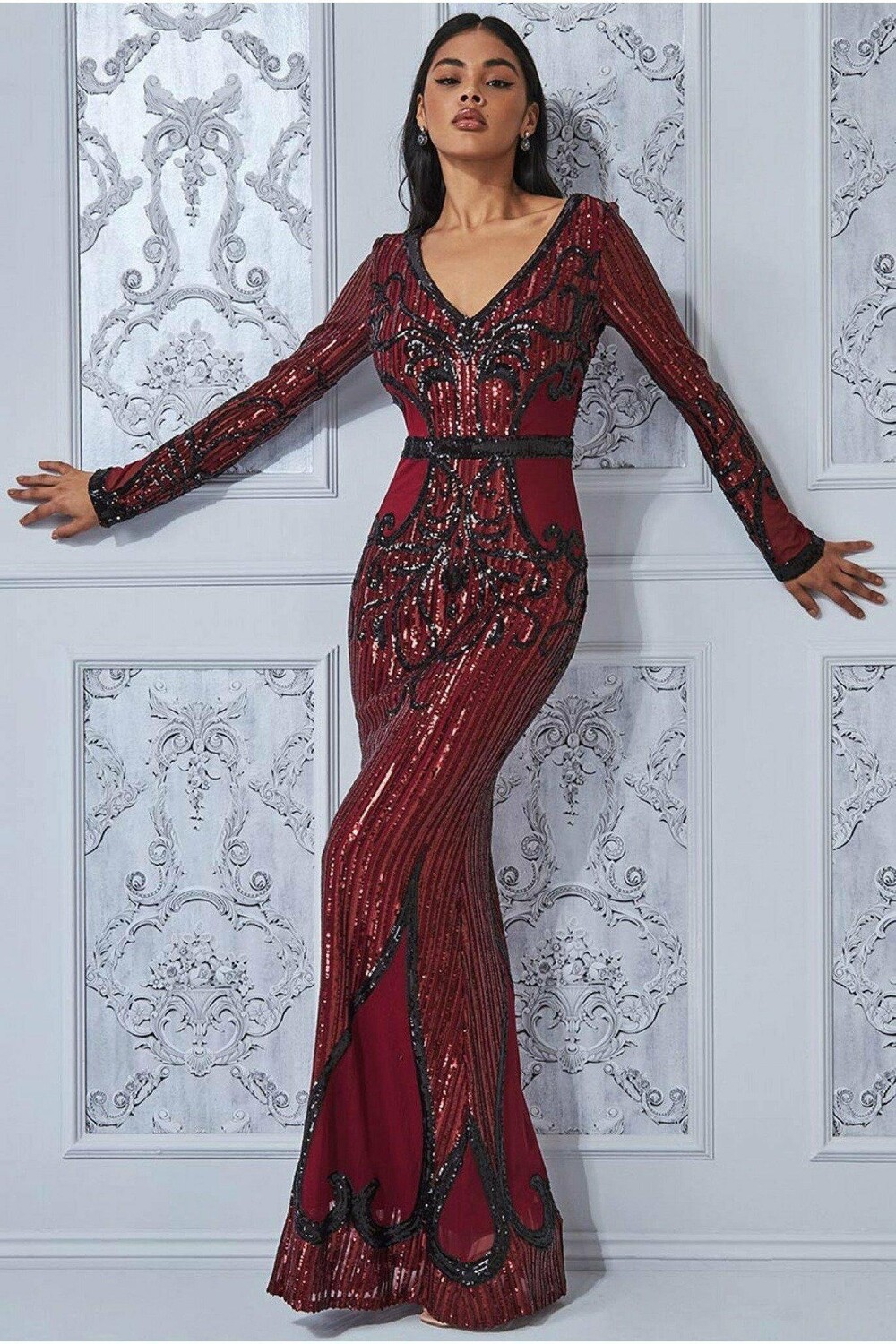 

Макси с вышивкой пайетками и сеткой Goddiva, красный
