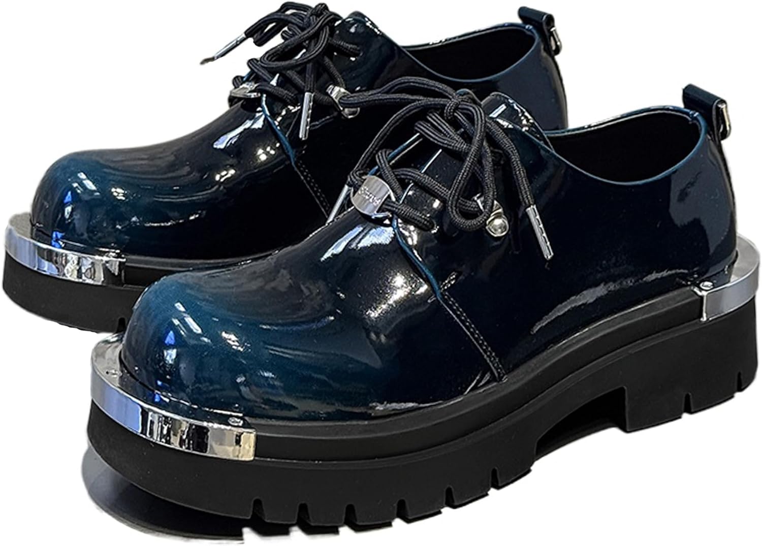 

Мужские оксфорды на платформе из лакированной кожи с градиентной металлической пластиной, широкий круглый носок, шнуровка, противоскользящая рельефная подошва, увеличенная высота, дерби, повседневные и деловые туфли Crazysavage, синий